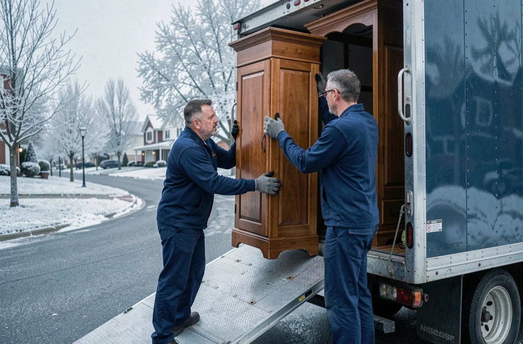 Équipe de déménageurs professionnels chargeant un camion en hiver dans une rue résidentielle enneigée