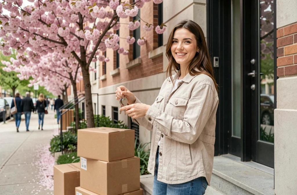 Jeune femme tenant les clés de son nouvel appartement au printemps entourée de cartons et d'arbres en fleurs
