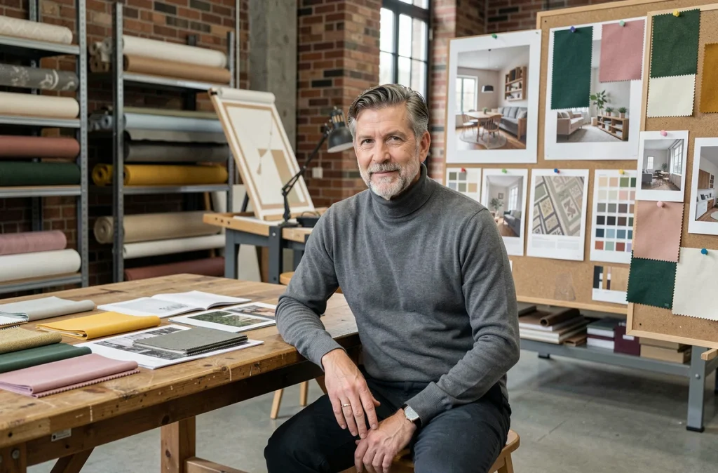 Designer d'intérieur entouré de planches de tendances et d'échantillons de couleurs dans un studio de création