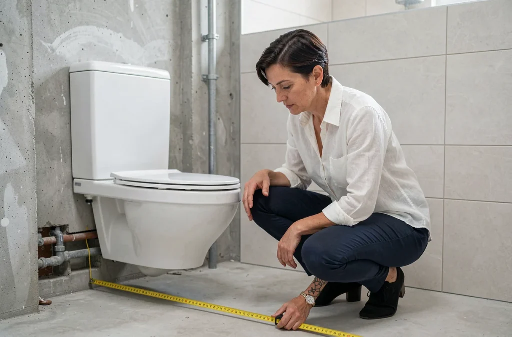 Designer d'intérieur mesurant l'espace autour d'un WC suspendu lors de la conception d'une salle de bain