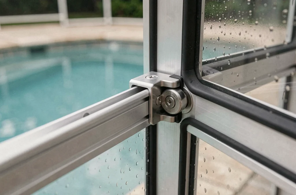 Détail du mécanisme coulissant d'un abri de piscine amovible avec rail en aluminium et galets inox