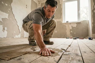 Artisan diagnostiquant un plancher en bois gondolé et humide dans un appartement en rénovation