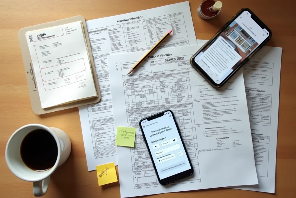 Vue de dessus de documents administratifs de permis de construire, formulaires officiels et smartphone sur un bureau en bois