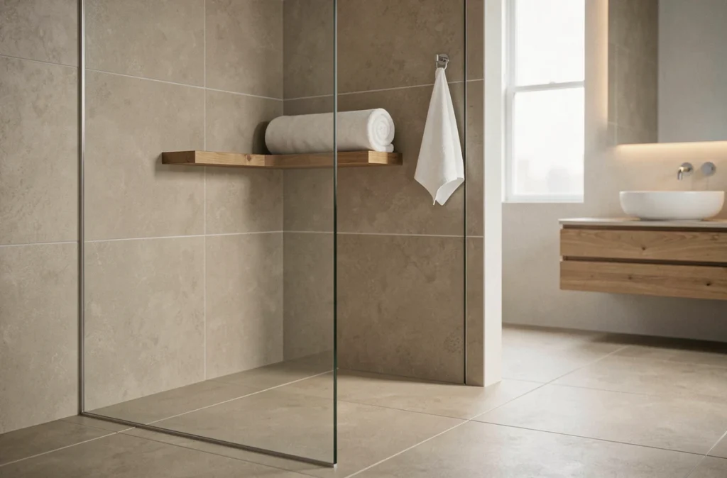 Douche à l'italienne terminée avec carrelage grand format et paroi en verre sans cadre dans une salle de bain moderne