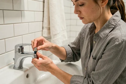 Femme installant un économiseur d'eau sur un robinet de salle de bain pour réduire la consommation d'eau