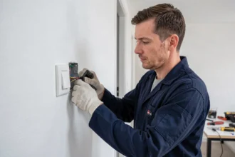 Électricien en train de câbler un bouton poussoir sur une installation télérupteur dans un couloir d'appartement rénové