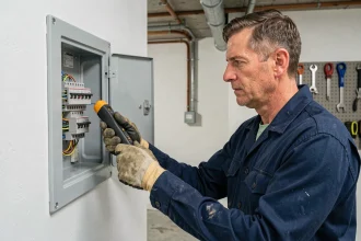 Électricien professionnel inspectant un tableau électrique résidentiel ouvert avec un testeur de tension, dans une buanderie moderne