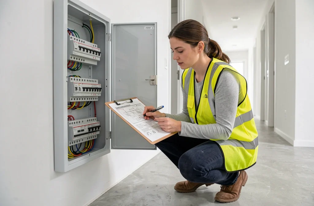 Électricienne professionnelle vérifiant un tableau électrique intelligent nouvellement installé dans un couloir d'appartement moderne