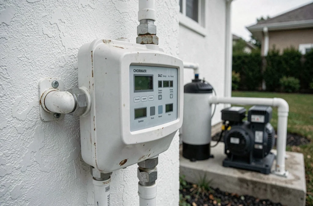 Électrolyseur au sel pour piscine monté sur mur extérieur avec tuyaux de filtration