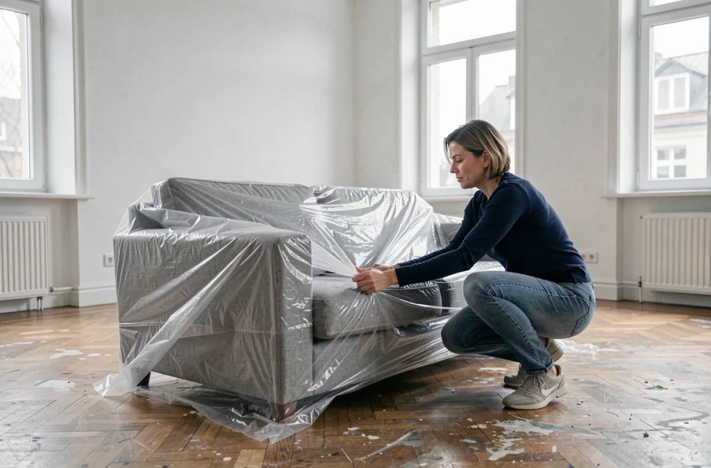 Femme emballant un canapé avec du film étirable transparent pour le protéger lors d'un déménagement dans un appartement vide
