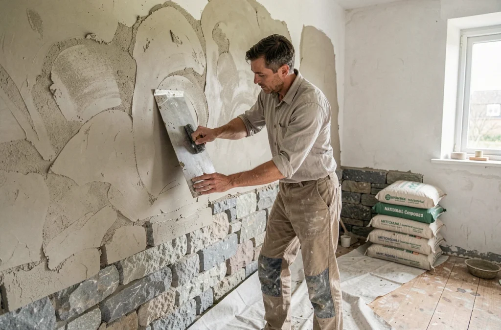 Artisan appliquant un enduit naturel à la chaux et à l'argile sur un mur en pierre lors de travaux de rénovation écologique