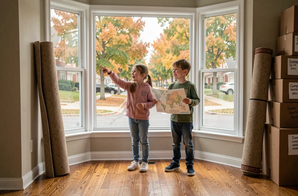 Deux enfants regardant leur nouveau quartier par la fenêtre lors d'un déménagement en famille