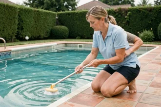 Femme entretenant le liner d'une piscine avec une brosse douce à manche long au bord du bassin