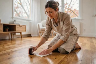 Femme entretenant un parquet en chêne naturel avec de l'huile de soin, à genoux dans un salon aux tons scandinaves en automne