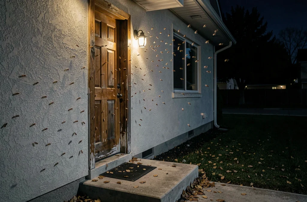 Essaimage de termites ailées autour d'une lampe de porche extérieure la nuit sur facade de maison