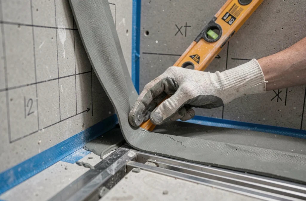 Pose de la membrane d'étanchéité et du bande d'angle lors de l'installation d'une douche à l'italienne