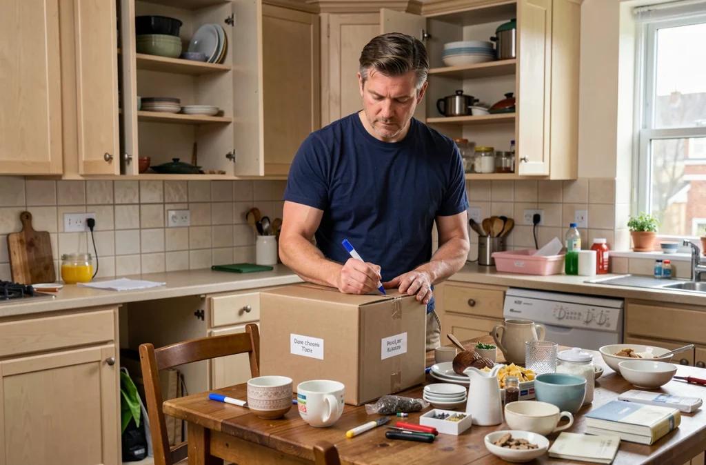 Homme étiquetant des cartons de déménagement dans une cuisine rangée avec des objets du quotidien triés sur une table