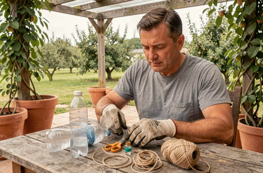 Homme préparant un piège à phéromone fait maison sur une table de jardin avec des matériaux simples et un verger en arrière-plan