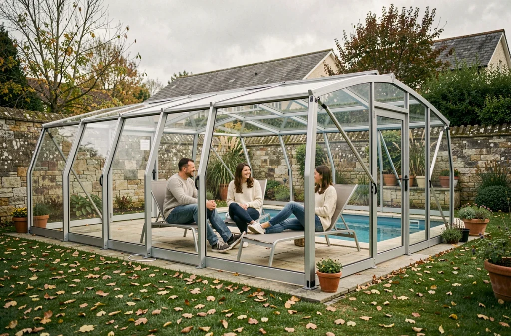 Famille profitant d'une piscine couverte par un abri amovible partiellement ouvert en automne