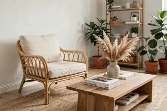 Fauteuil en rotin naturel avec coussins crème dans un salon scandinave chaleureux avec tapis en jute et plantes en pots