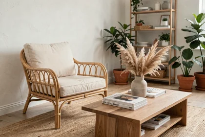 Fauteuil en rotin naturel avec coussins crème dans un salon scandinave chaleureux avec tapis en jute et plantes en pots