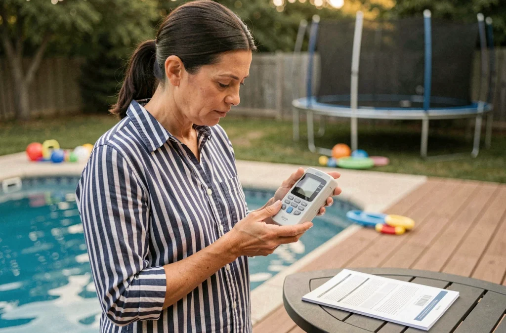 Femme consultant le manuel d'une alarme de piscine dans un jardin familial avec terrasse en bois