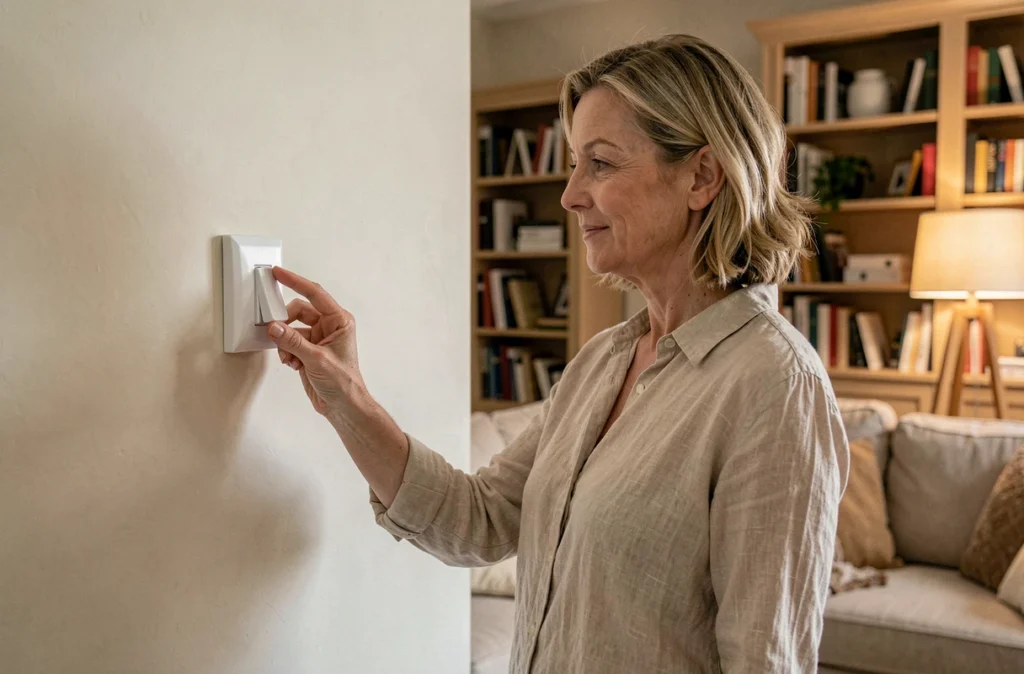Femme appuyant sur un bouton poussoir télérupteur dans un salon résidentiel pour tester l'installation électrique