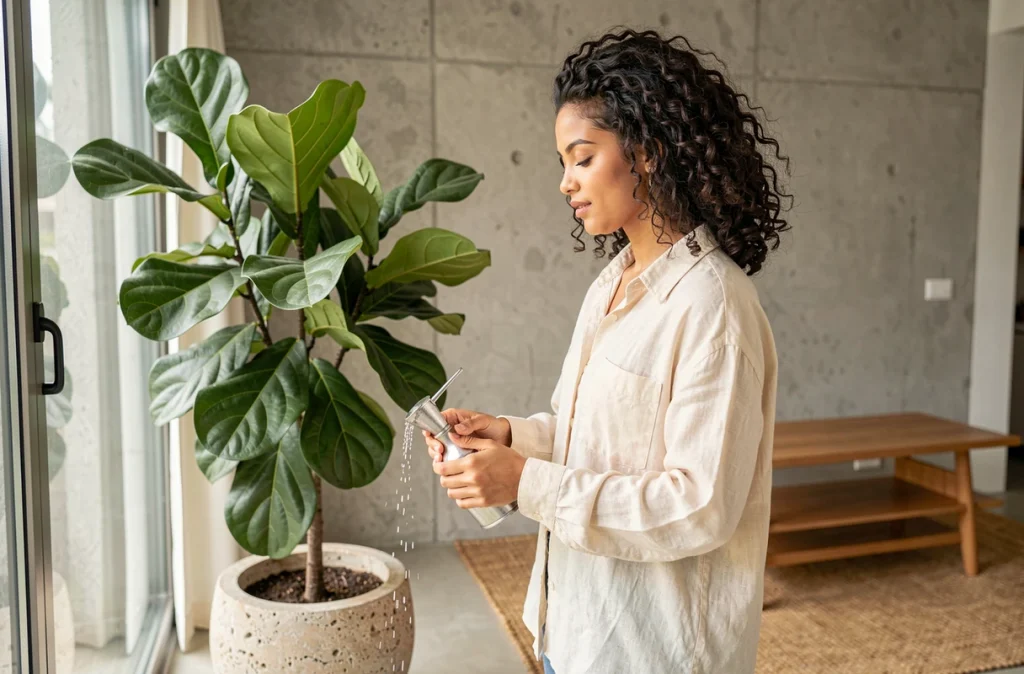 Femme arrosant un ficus lyrata dans un salon contemporain aux murs en béton