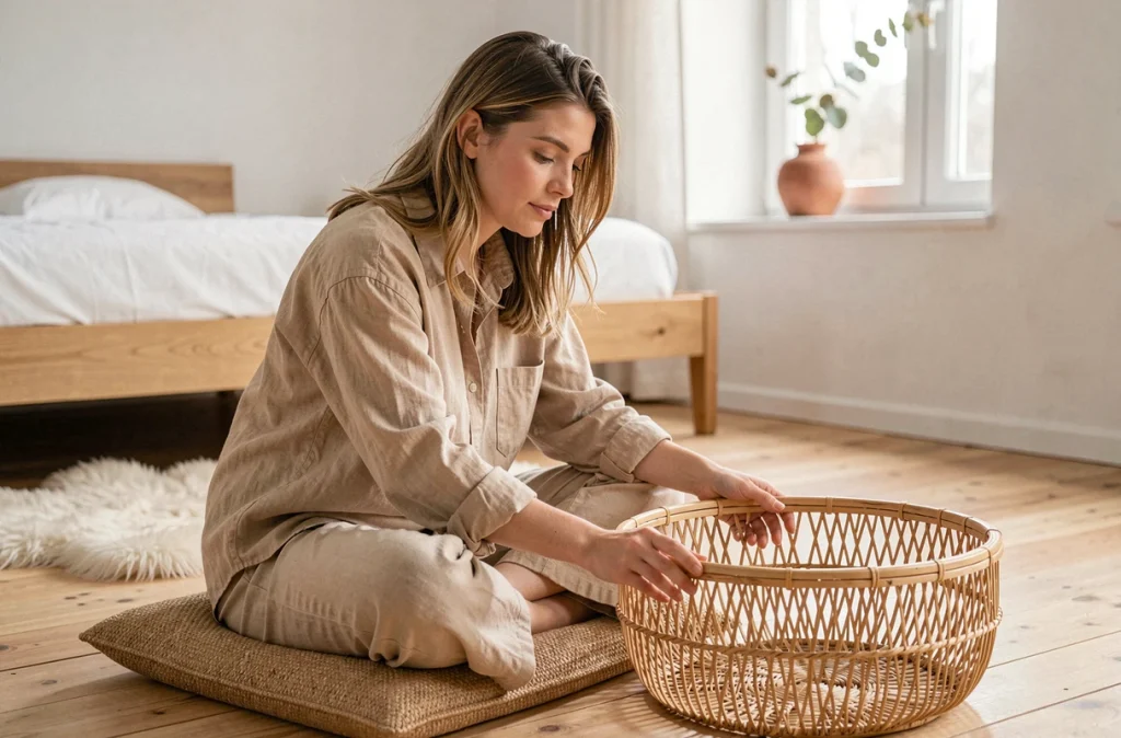 Femme assise sur un coussin en jute dans une chambre scandinave entourée de matières naturelles : rotin, lin, bois brut et peau de mouton