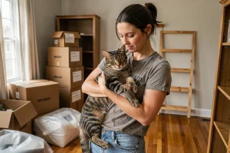 Femme tenant son chat dans les bras au milieu de cartons de déménagement dans un appartement