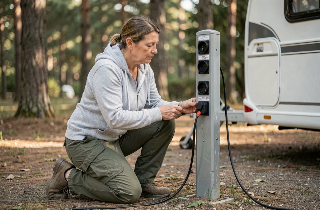 Femme connectant un câble coaxial à une borne de branchement de camping avec prise antenne TV
