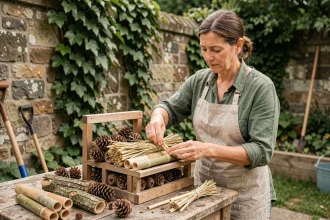 Femme construisant un hôtel à insectes avec des matériaux naturels comme le bambou et les pommes de pin dans un jardin