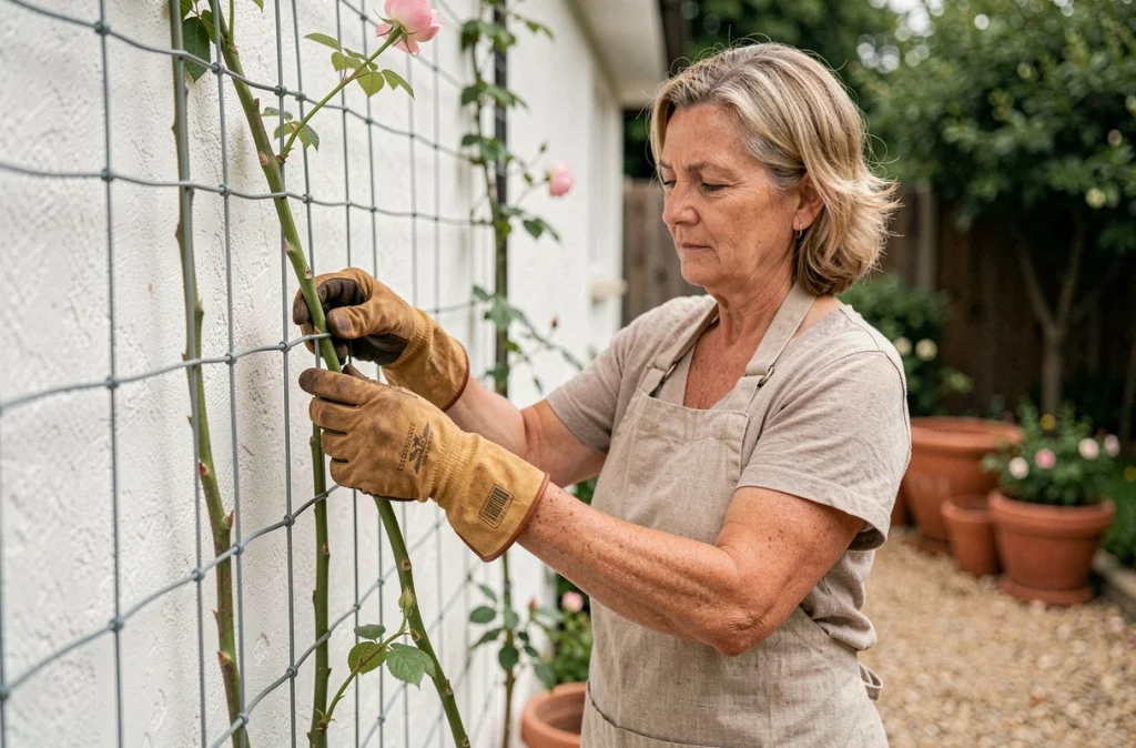 Femme qui installe une rose grimpante sur un support en fil de fer fixé à un mur de jardin pour créer un écran végétal
