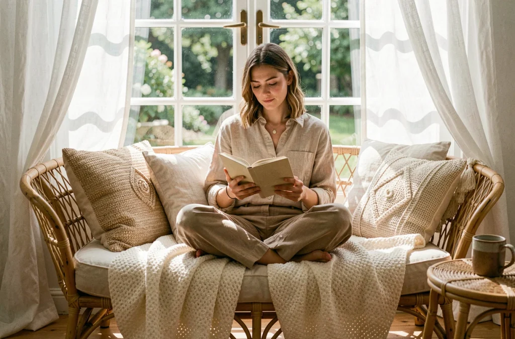 Jeune femme détendue lisant sur un lit de repos en rotin avec coussins tressés près d'une fenêtre ouverte sur un jardin