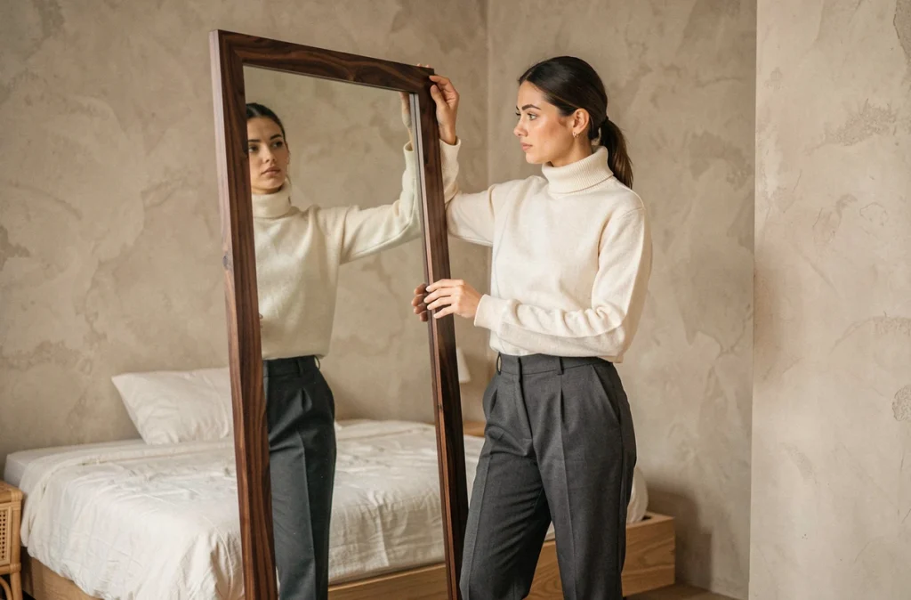 Femme ajustant un grand miroir en noyer dans une petite chambre minimaliste avec lit plateforme en lin et murs en plâtre beige