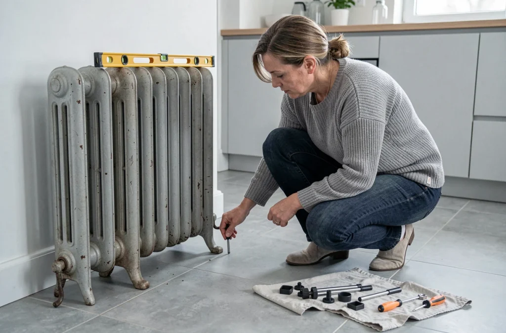 Femme mesurant le niveau d'un radiateur en fonte avec un niveau à bulle dans une cuisine de style scandinave
