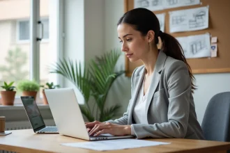 Femme consultant des plans de construction sur ordinateur portable dans un bureau à domicile pour un projet de permis de construire