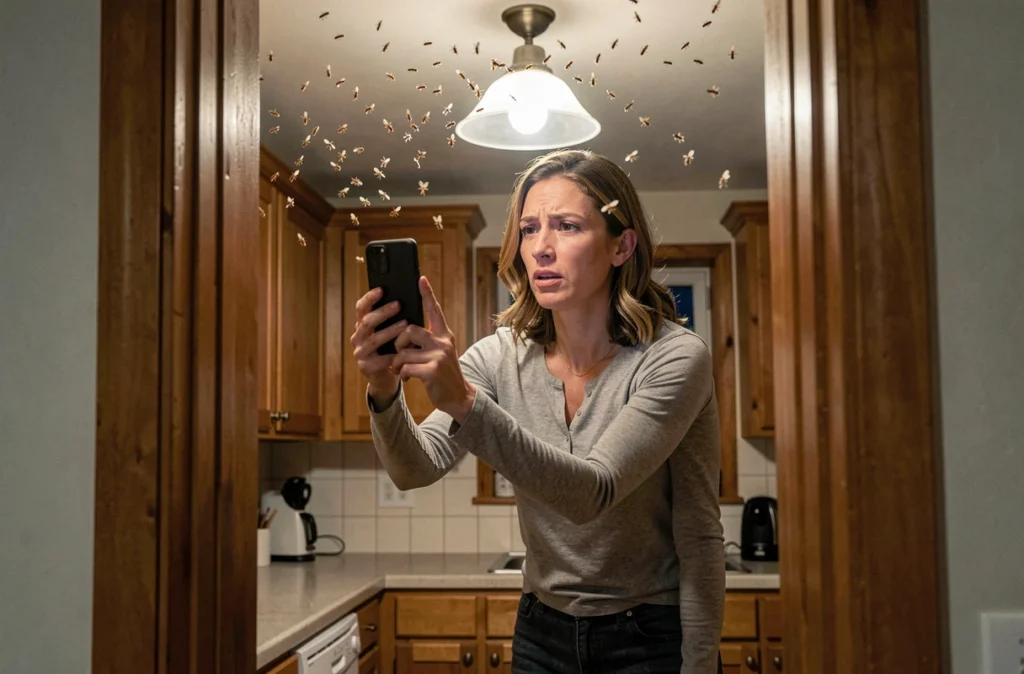 Femme observant une invasion de termites ailées autour d'un plafonnier dans une cuisine la nuit