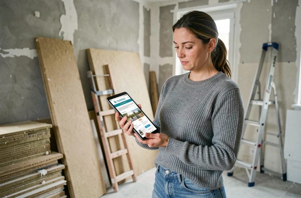 Femme consultant la plateforme TOUSRENOV sur tablette au milieu d'un chantier de rénovation intérieure
