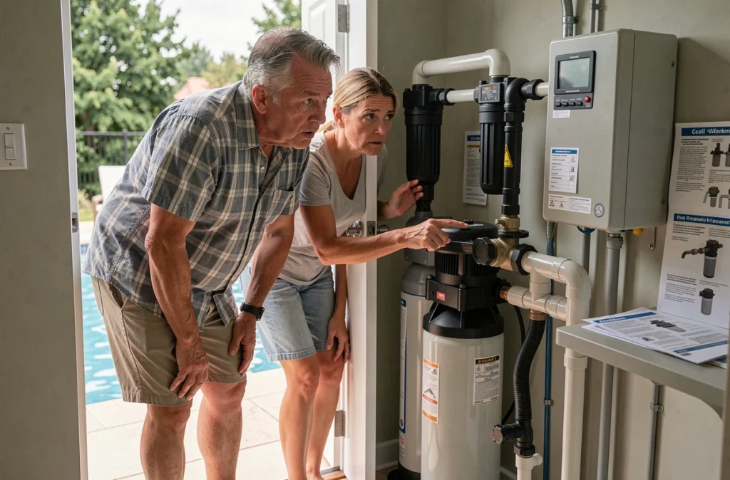 Couple examinant le système de filtration d'une piscine lors de la première mise en eau pour éviter les erreurs