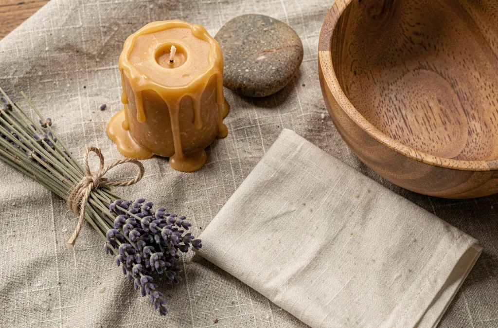 Flat lay de matières naturelles pour décoration cosy : bougie en cire d'abeille, pierre, lavande séchée, coton brut et bol en bois sur nappe en lin