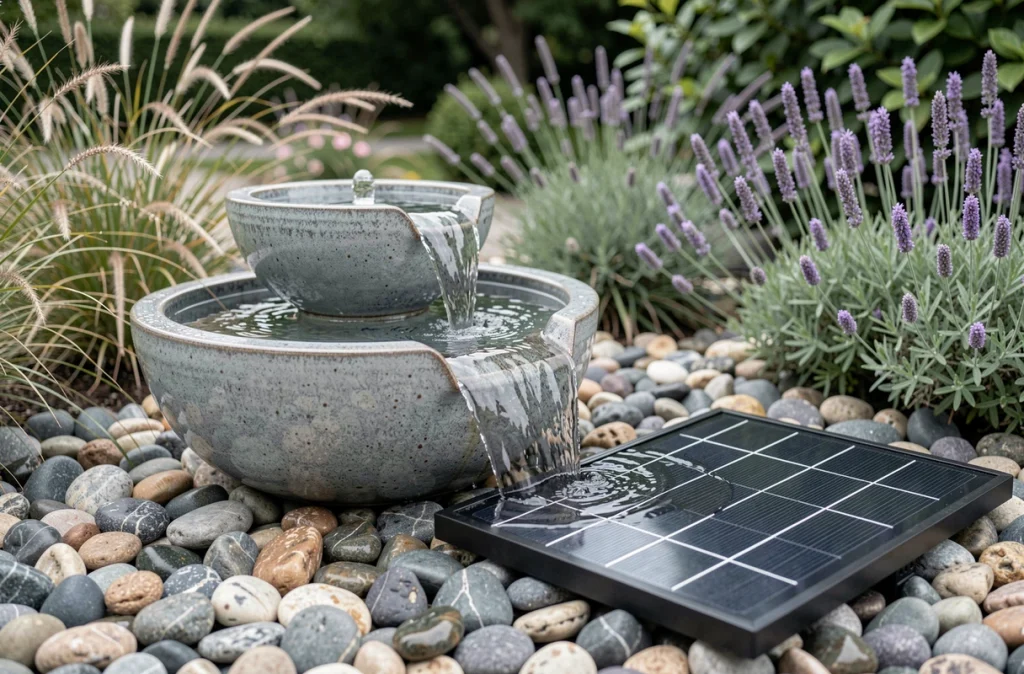 Fontaine solaire moderne avec panneau solaire posé parmi les galets de jardin