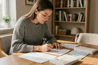 Femme remplissant des formulaires administratifs de changement d'adresse à une table en bois dans un appartement moderne