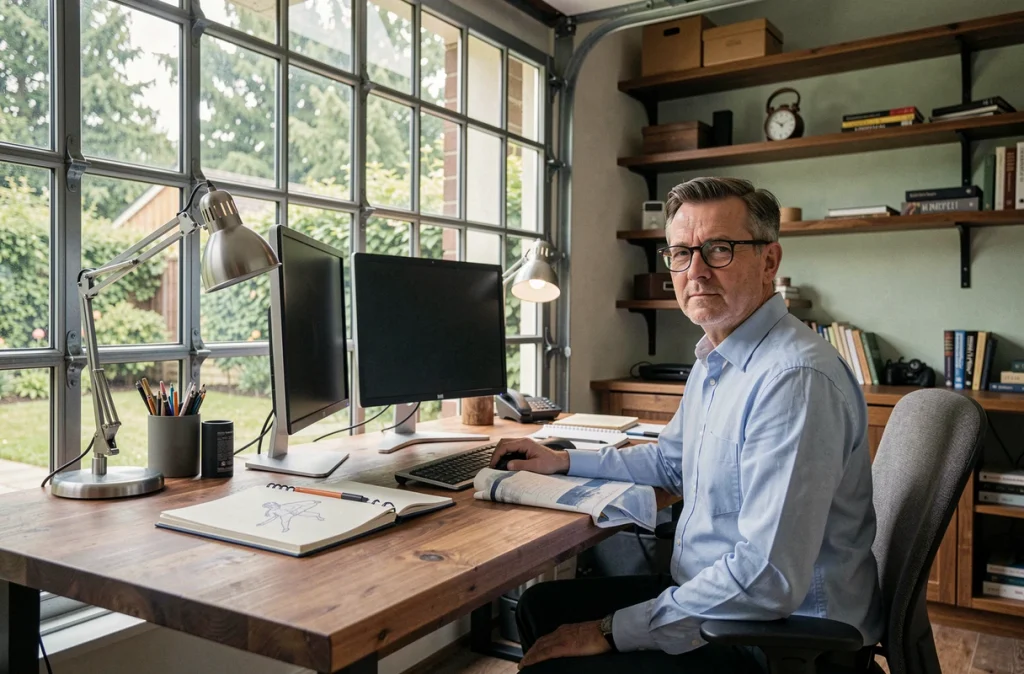 Bureau à domicile aménagé dans un ancien garage avec fenêtres industrielles, grand bureau en bois et équipement professionnel