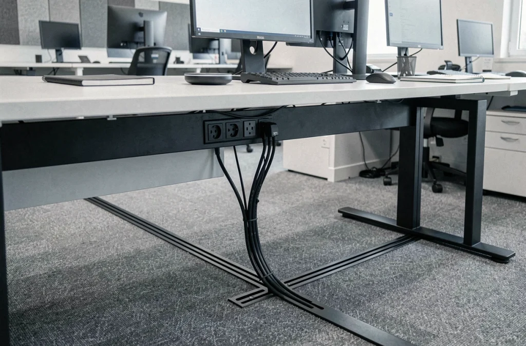 Bureau open space avec goulotte électrique noire sous plan de travail assurant une gestion complète des câbles et prises
