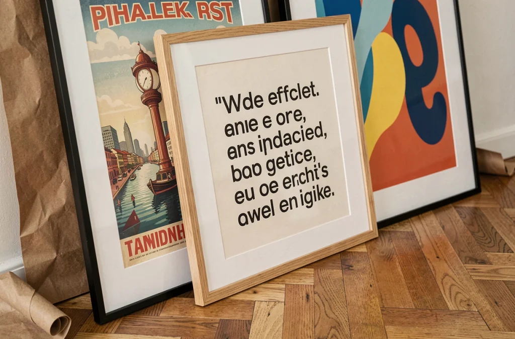 Gros plan de trois affiches graphiques encadrées appuyées contre un mur de couloir en parquet