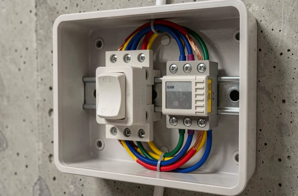 Gros plan sur un bouton poussoir et un télérupteur installés dans un tableau électrique résidentiel avec fils colorés