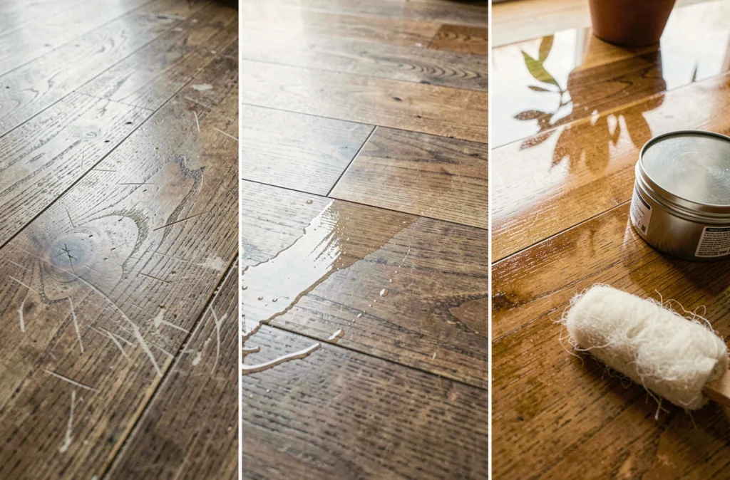 Gros plan sur trois états d'un parquet en noyer : usé, nettoyé et ciré, avec des accessoires d'entretien en cire naturelle