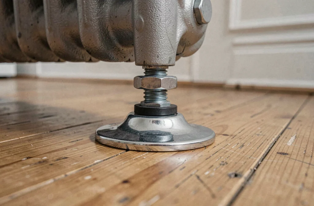 Gros plan sur le pied réglable chromé d'un radiateur en fonte posé sur un parquet en chêne