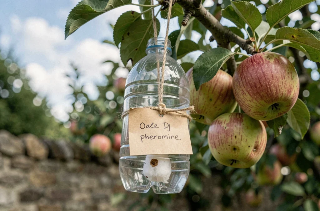 Gros plan sur un piège à phéromone artisanal accroché à une branche de pommier avec des pommes mûres en arrière-plan